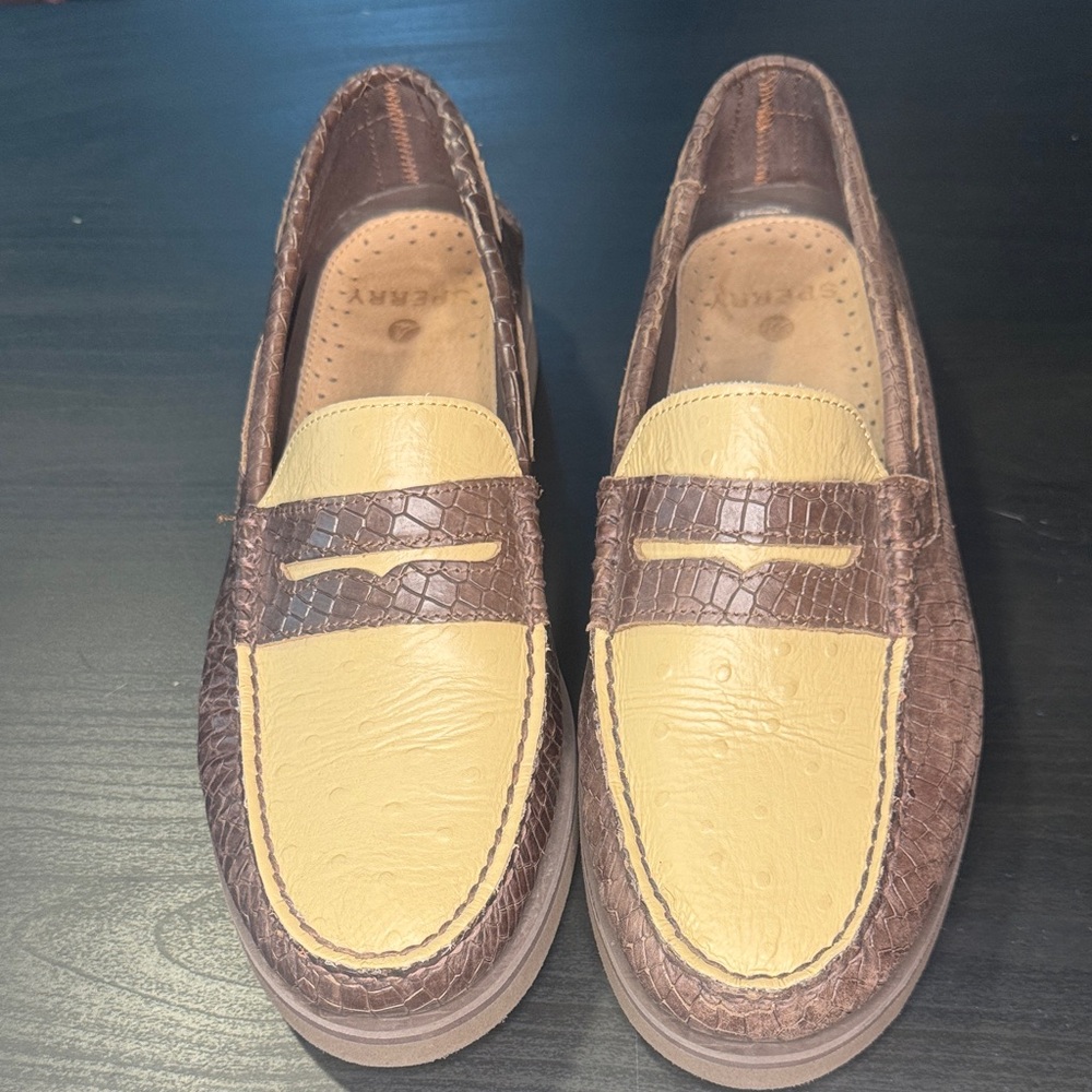 Sperry Brown and Tan Croc-Embossed Loafers